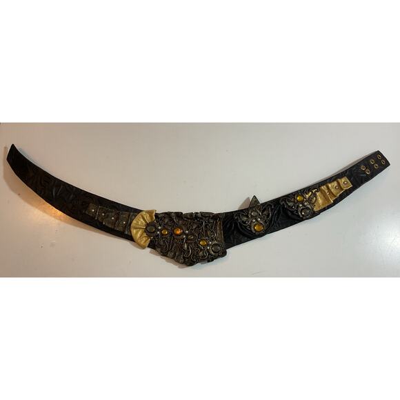 80s Nina Arjani Medium Leatherock Belt Rhinestones & Pearls Leather - Picture 2 of 10